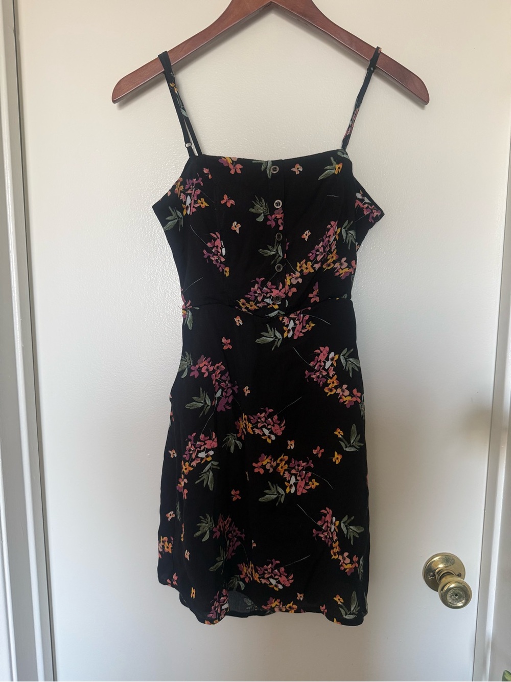 Lost + Wander Floral Mini Dress Size S Black Button Front Tie Back Pockets
